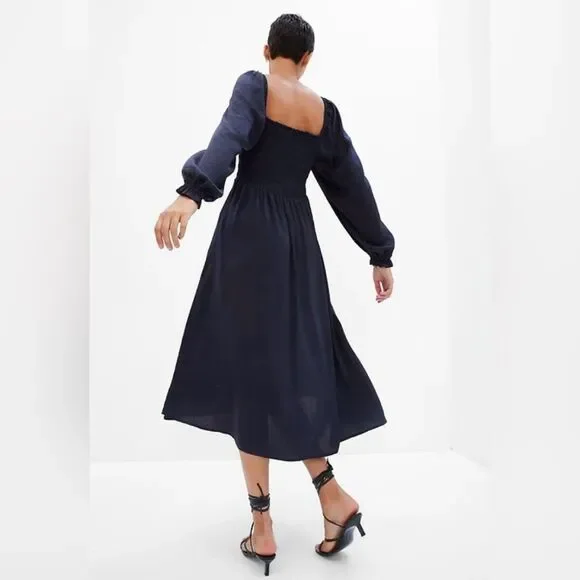 GAP Navy Smocked Bust Square Neck Long Sleeve Midi Dress - Picture 2 of 11